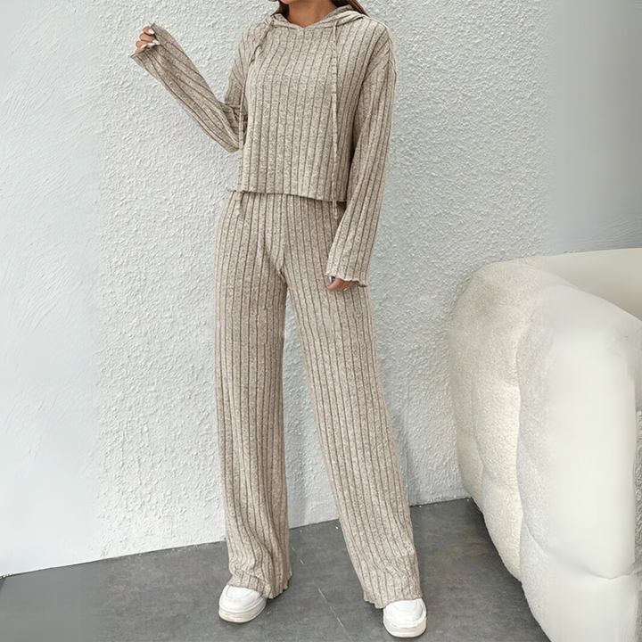 Women's Two-Piece Set | Ribbed Hooded Top and Matching Pants