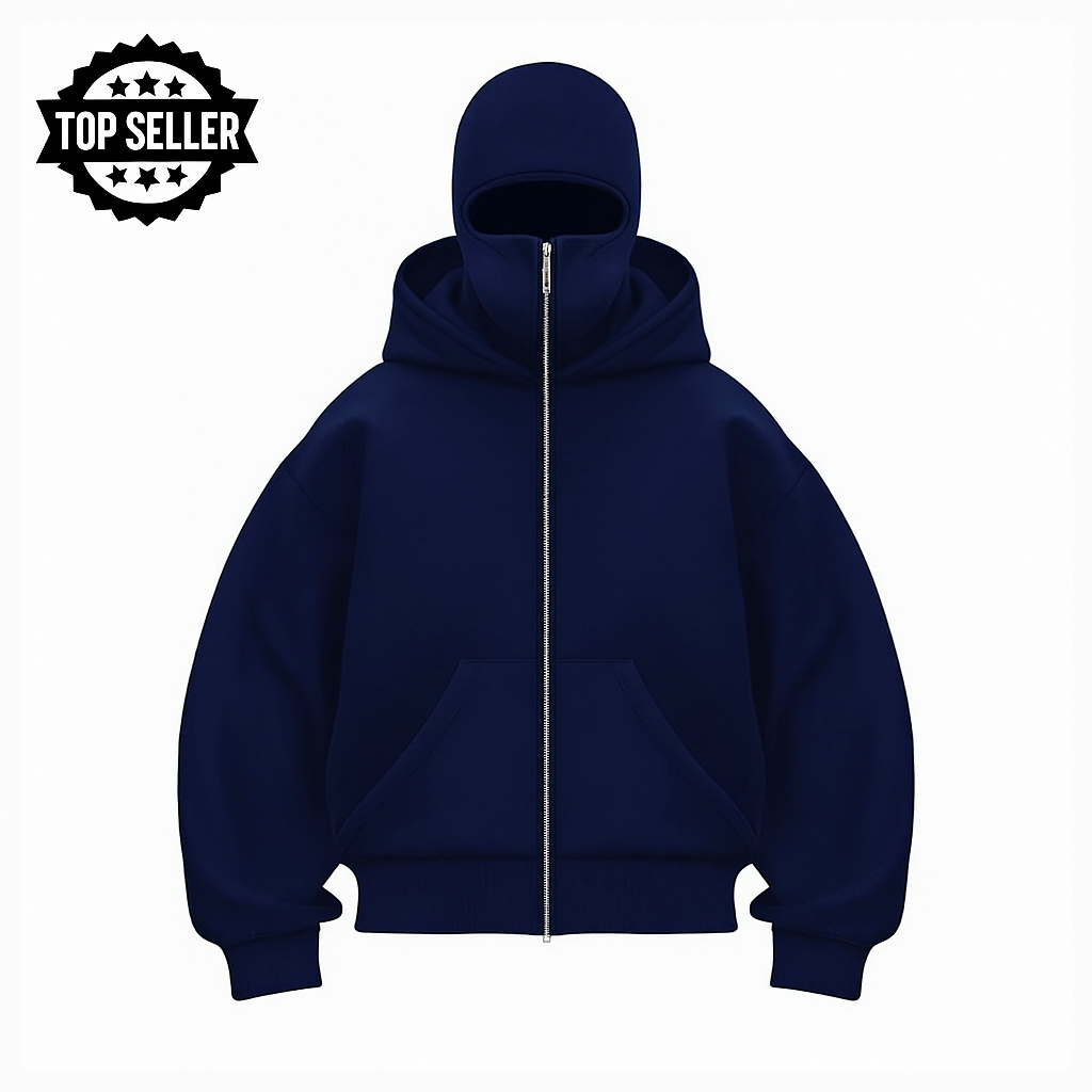 Unisex hooded zip hoodie with integrated face cover and front pockets