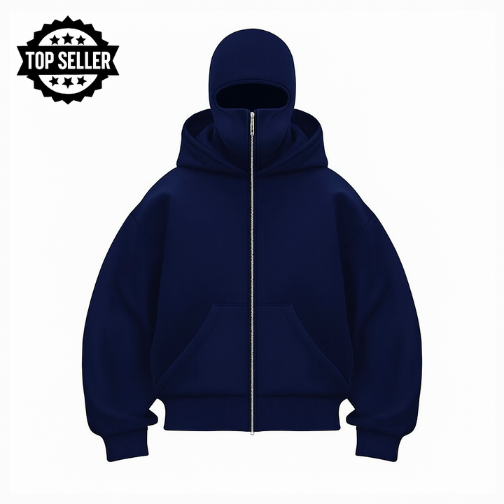 Unisex hooded zip hoodie with integrated face cover and front pockets
