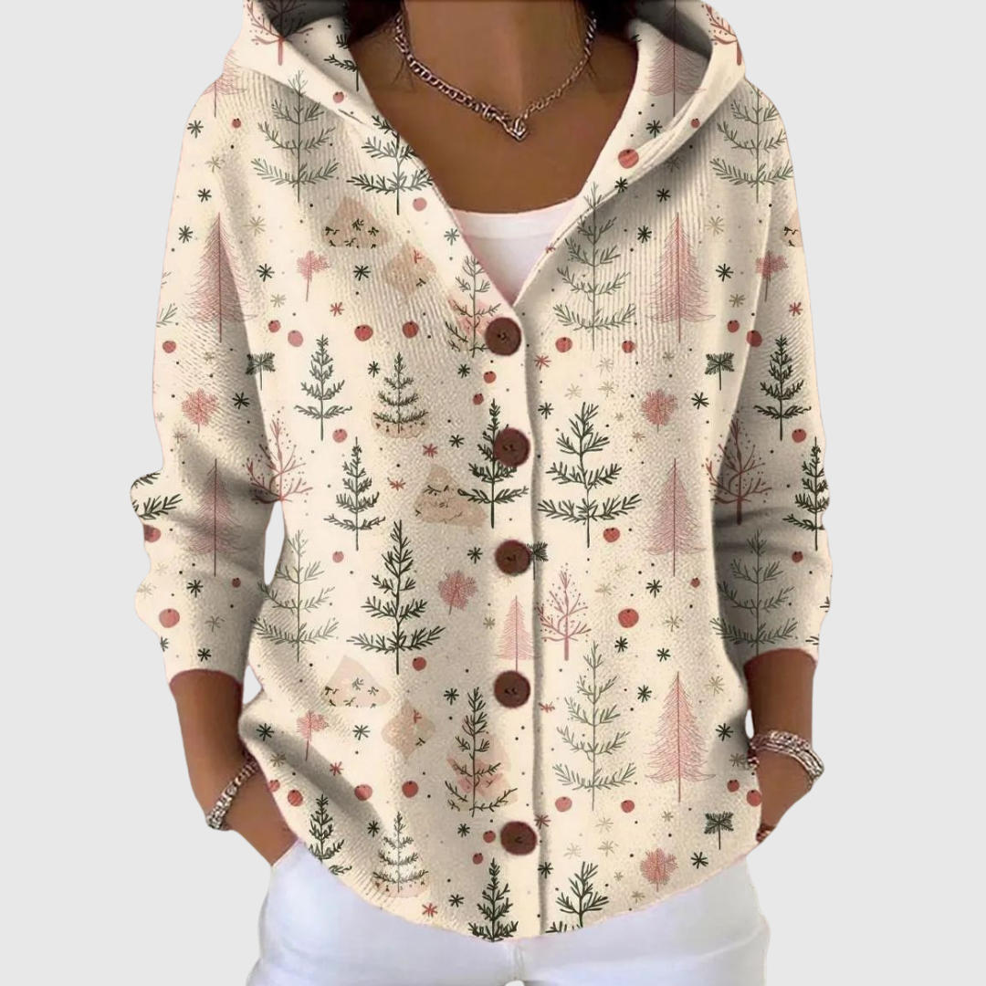 Women's beige hooded cardigan with multicolor tree pattern and button front