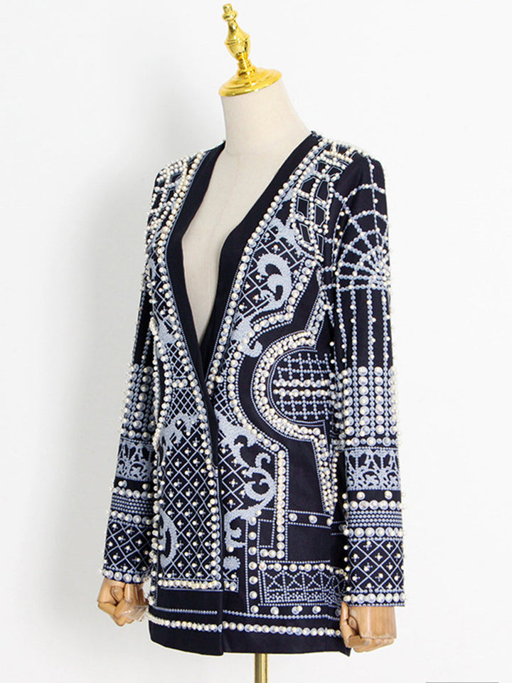 Women's embellished geometric blazer with V-neck lapels and long sleeves