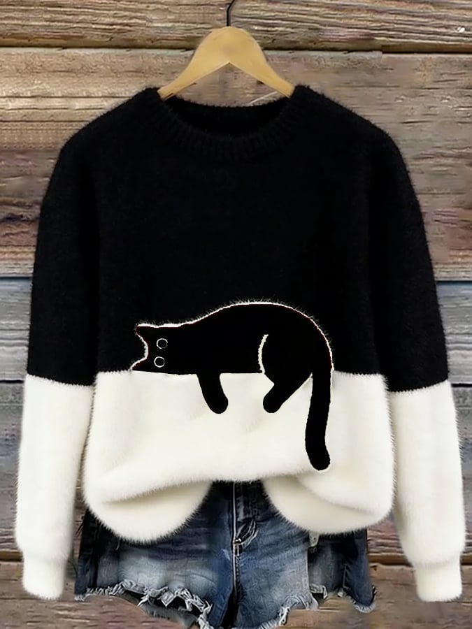 Women's long-sleeve crew neck sweater with a black cat graphic and contrast panels