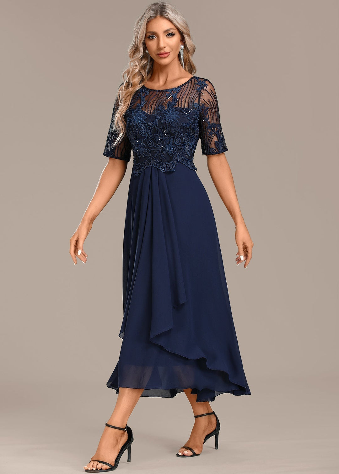 Women’s Dress | Round Neck Midi with Lace Accents