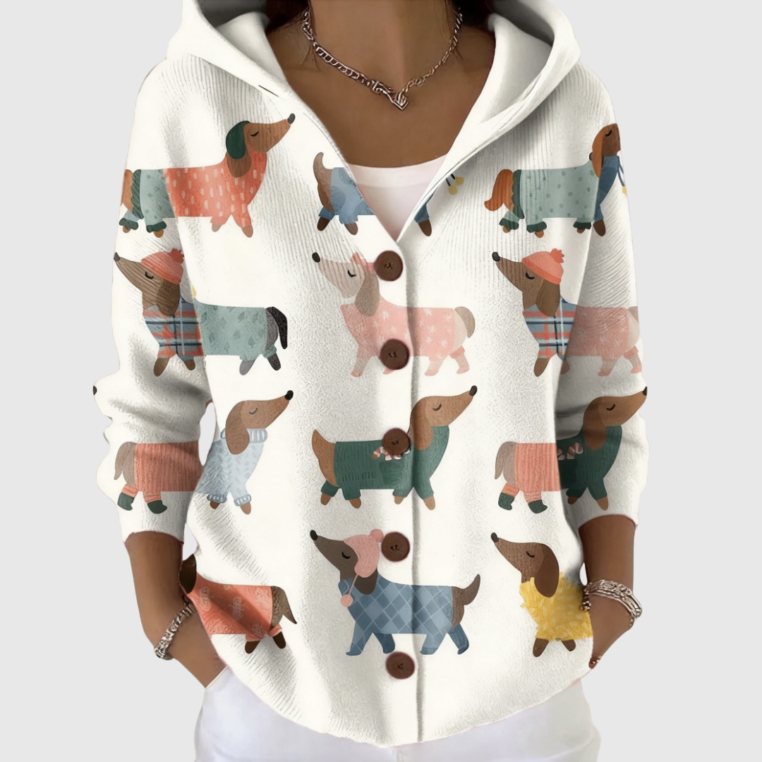 Women's white hooded cardigan with multicolor illustrated dog print and button front