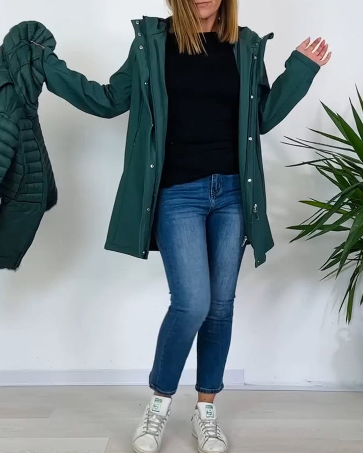 Women's green 3-in-1 hooded jacket with removable quilted layer