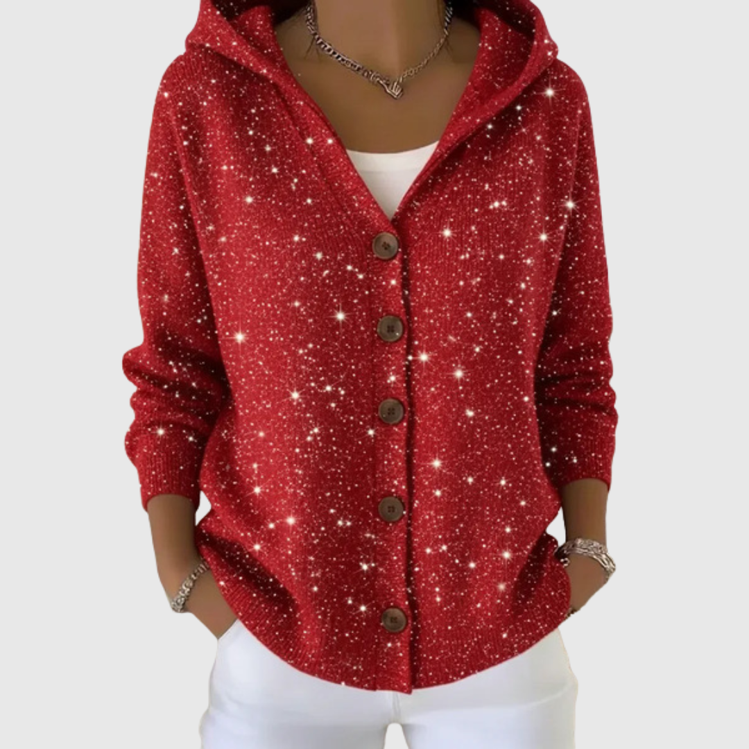 Women's red hooded button cardigan with long sleeves, front pockets and sparkling texture