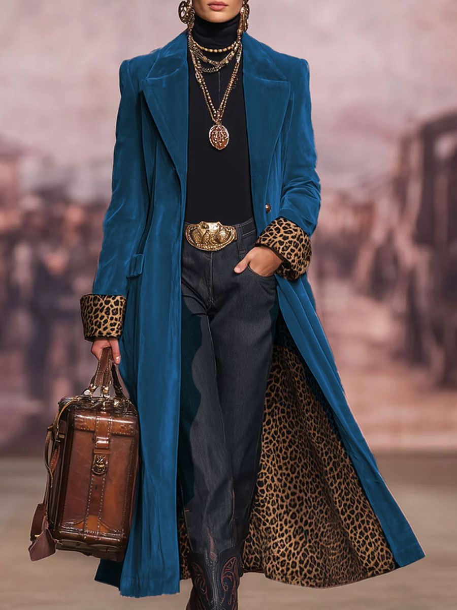 Women's long coat with lapels, animal print cuffs and lining