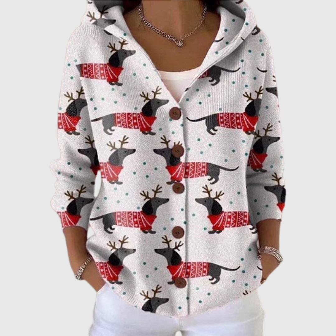 Women's white hooded cardigan with festive reindeer pattern and button front