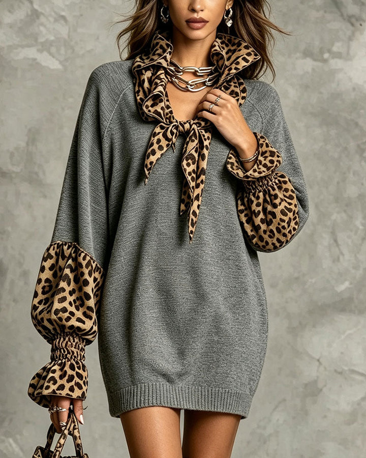 Women's gray sweater mini dress with leopard print scarf collar and cuffs