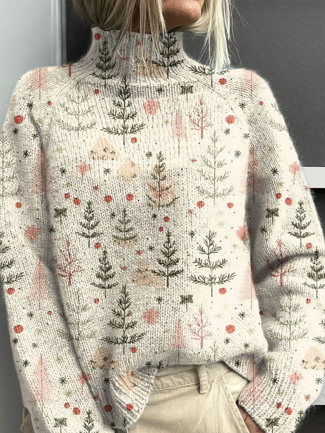 Women's beige turtleneck sweater with Christmas tree print and long sleeves