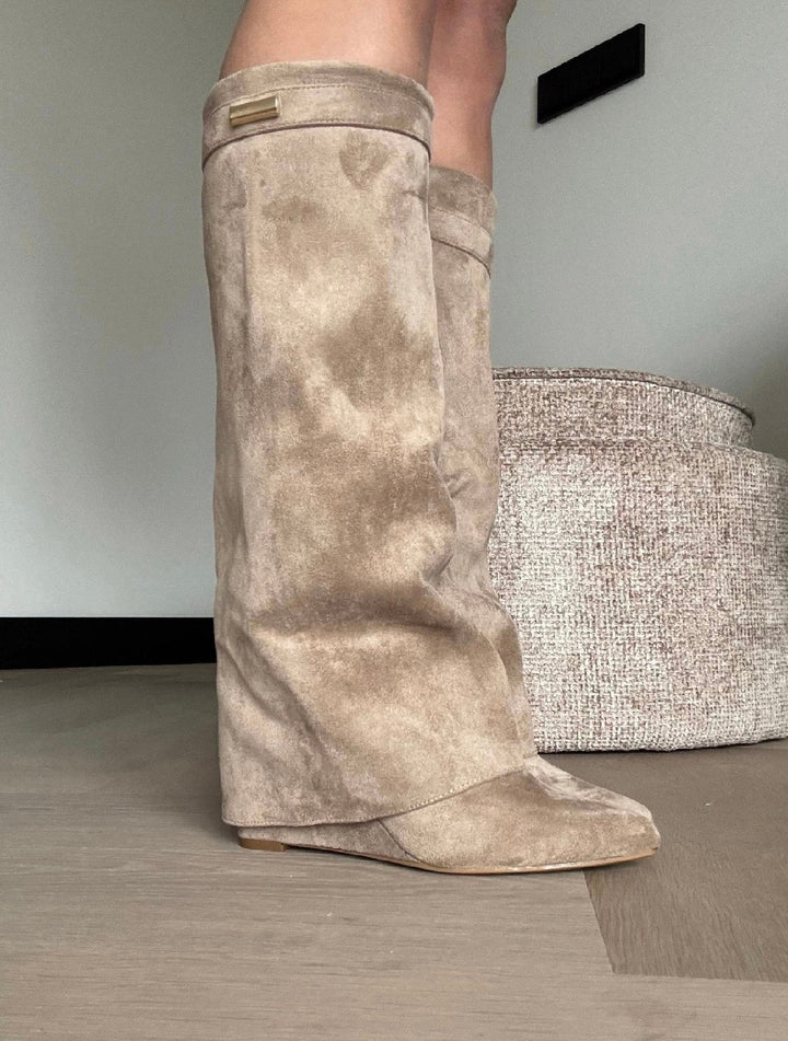 Women's beige tall wedge boots with almond toe and gold trim
