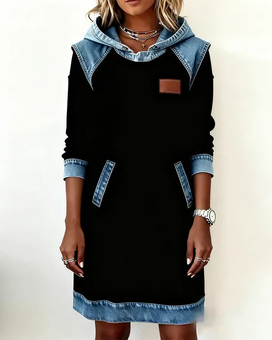 Women's hooded sweatshirt dress with long sleeves and contrast blue trim
