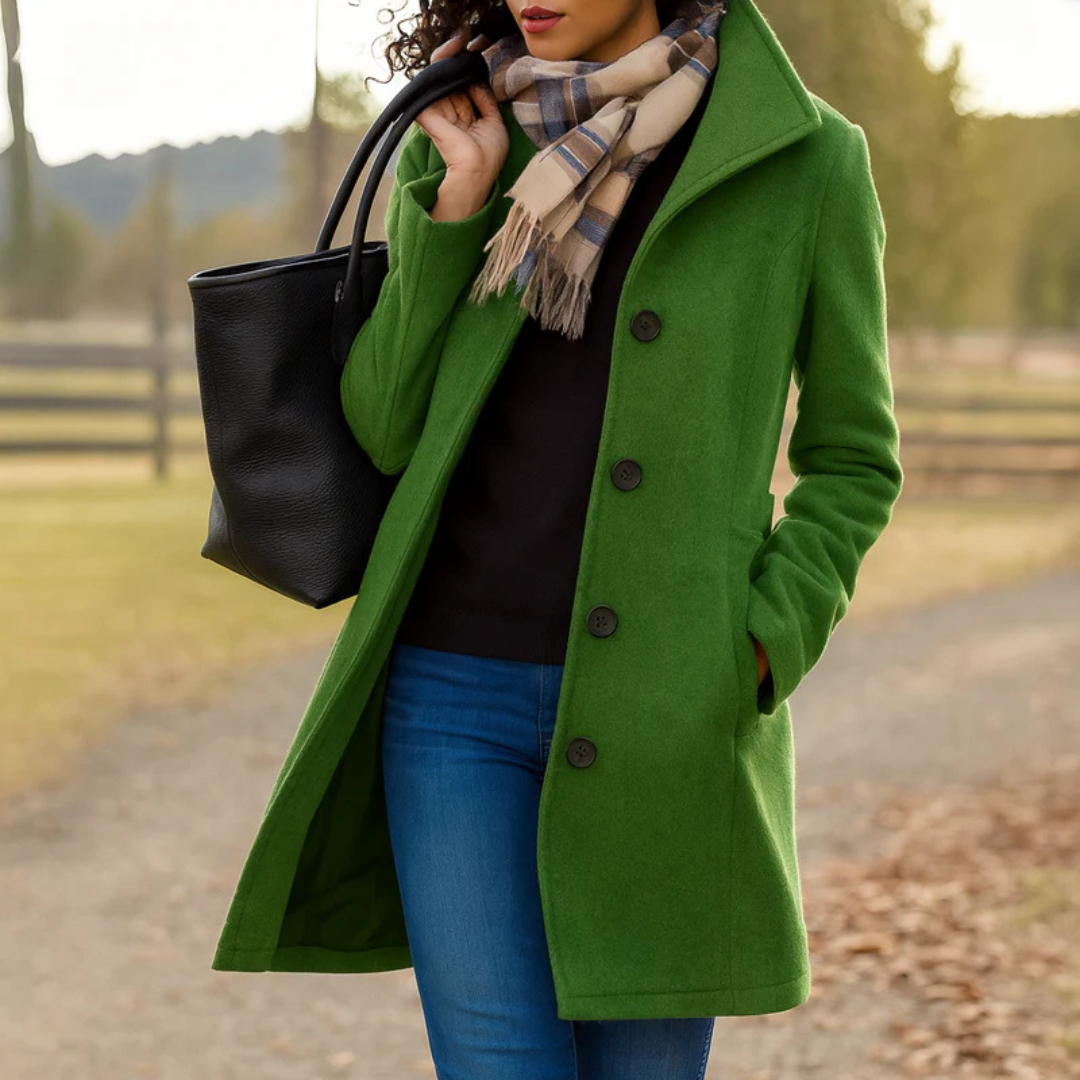 Women's textured button-front winter coat with notched lapels and side pockets