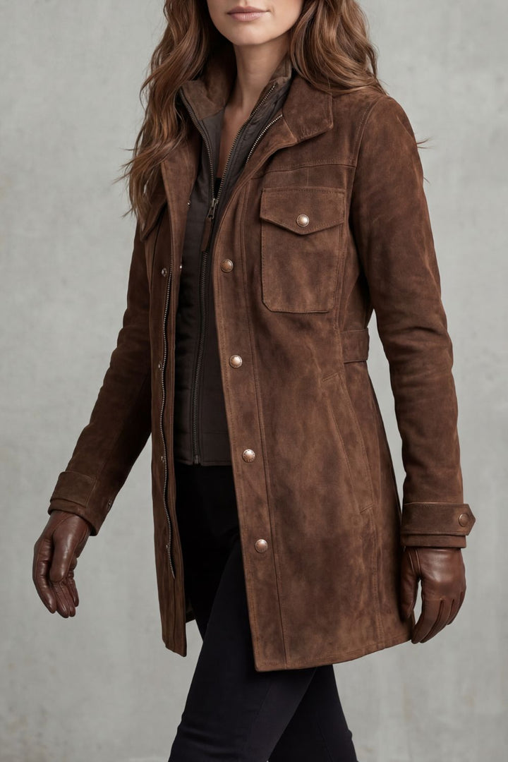 Women's brown longline coat with notched collar, button placket and flap pockets