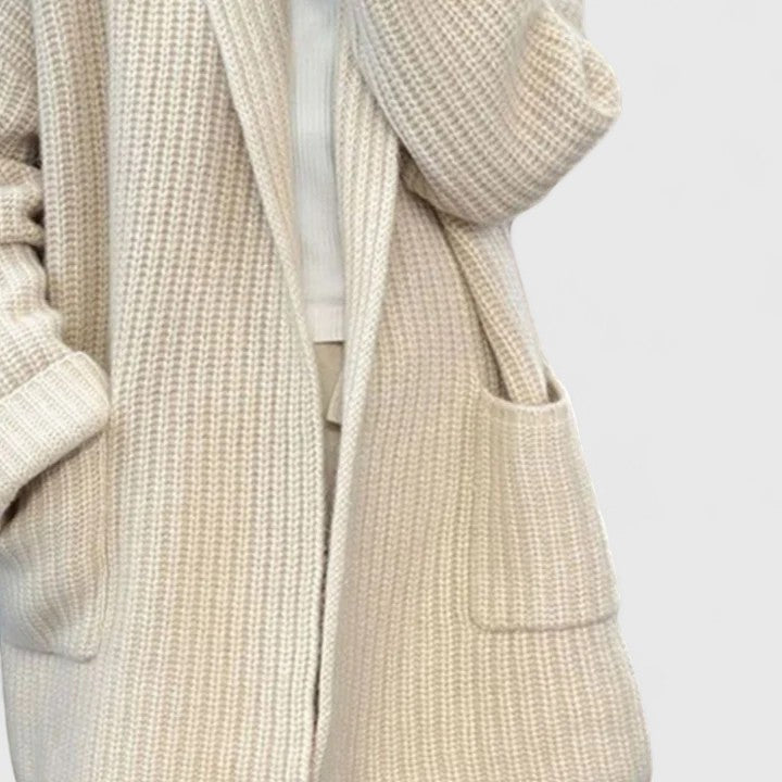 Women's textured longline cardigan with open front, long sleeves and front patch pockets