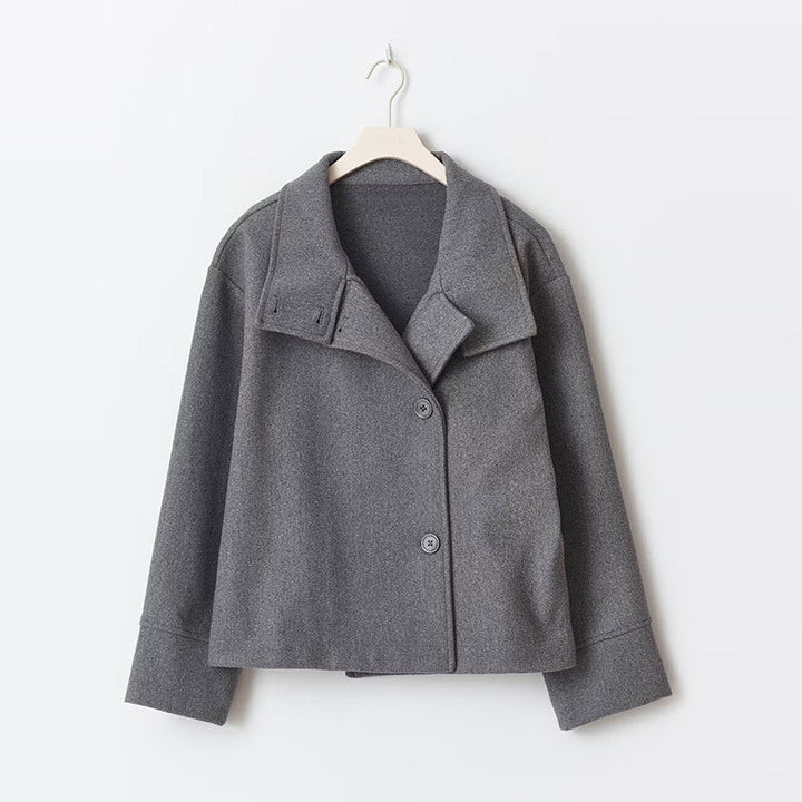 Women's short double-breasted jacket with stand collar and long sleeves