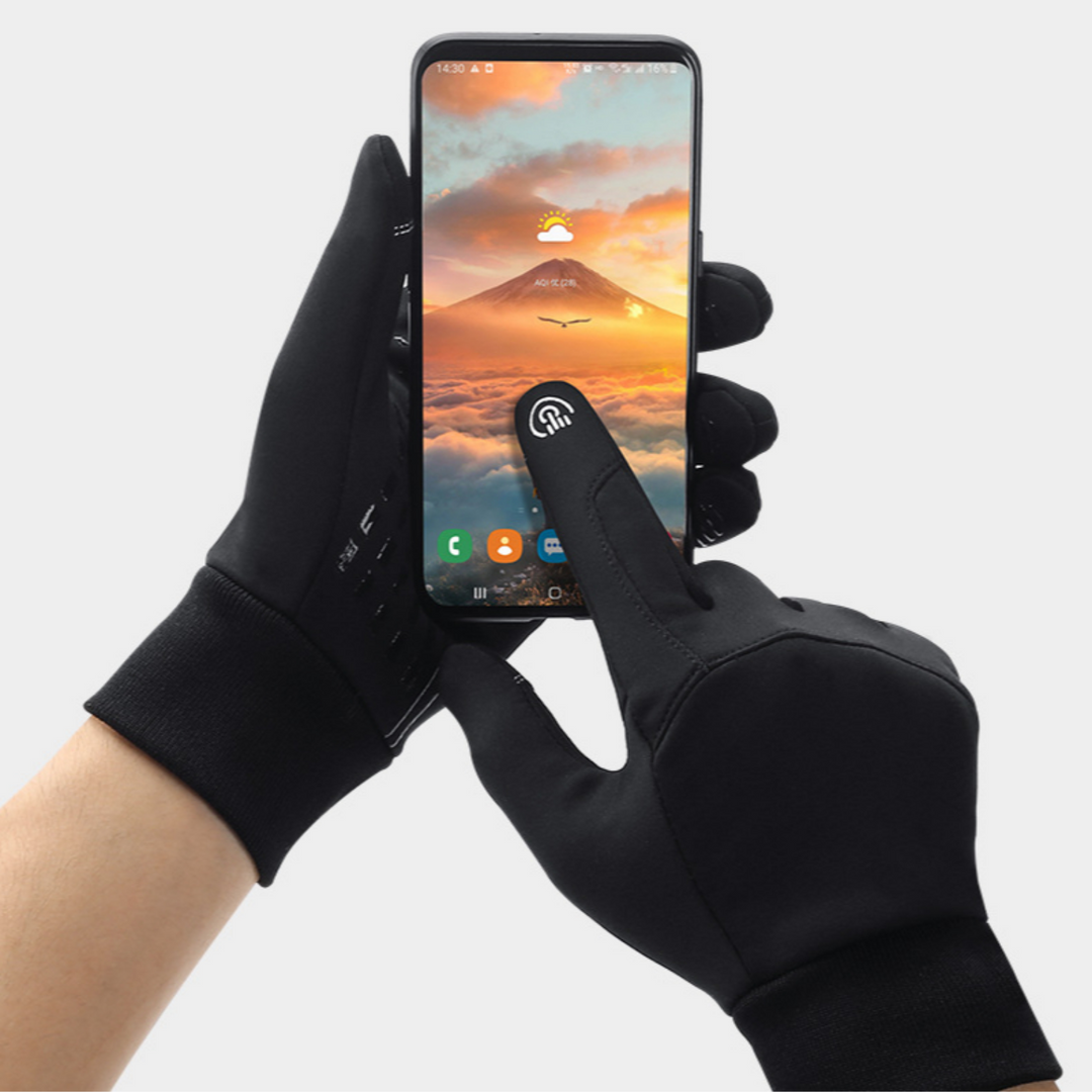 Unisex full-finger touchscreen gloves with textured palms and ribbed cuffs