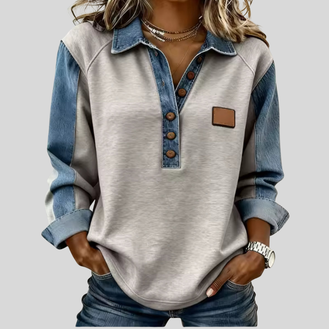 Women's long-sleeve pullover top with contrast denim collar and button placket