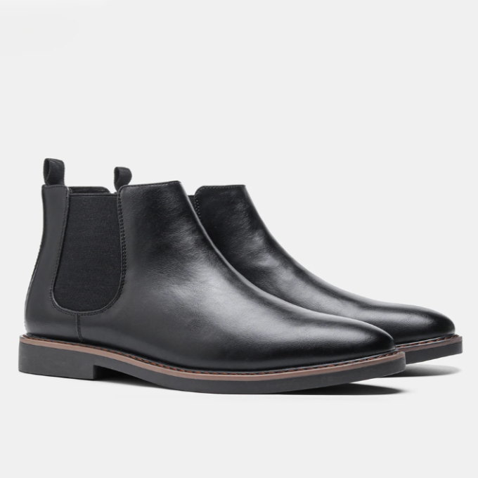 Chelsea ankle boots with elastic side panels, rear pull tabs and low heels