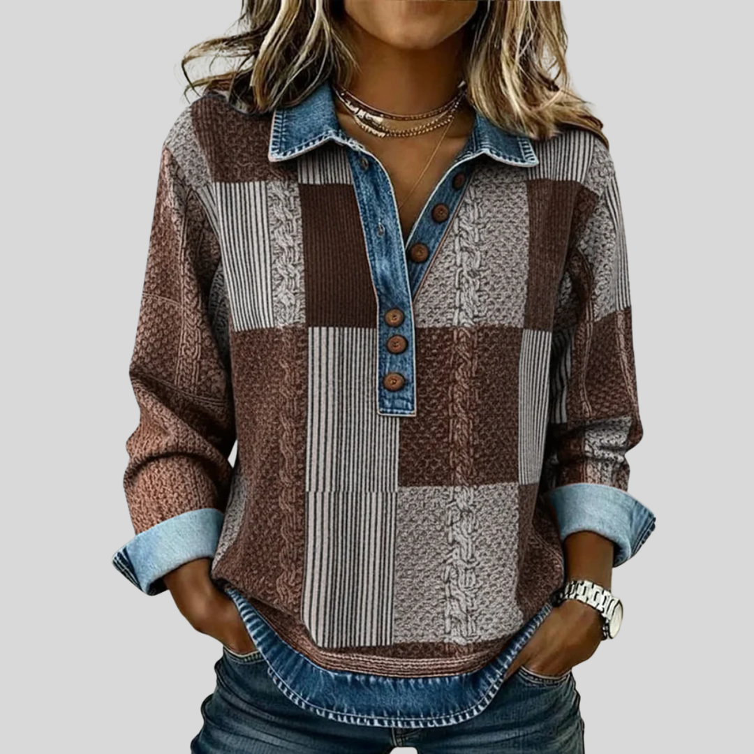 Women's patchwork collared sweatshirt with long sleeves and button placket
