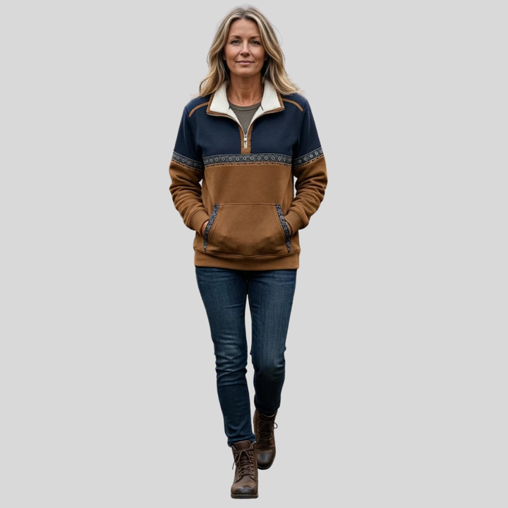 Women's half-zip pullover with sherpa collar, geometric trim and kangaroo pocket