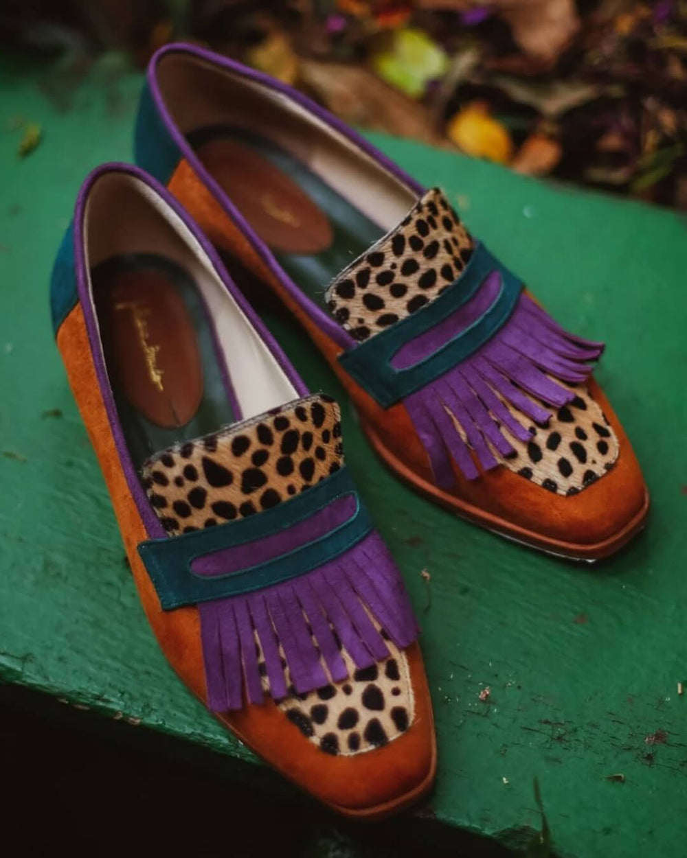 Brown leopard print women's loafers with square toes and purple fringe
