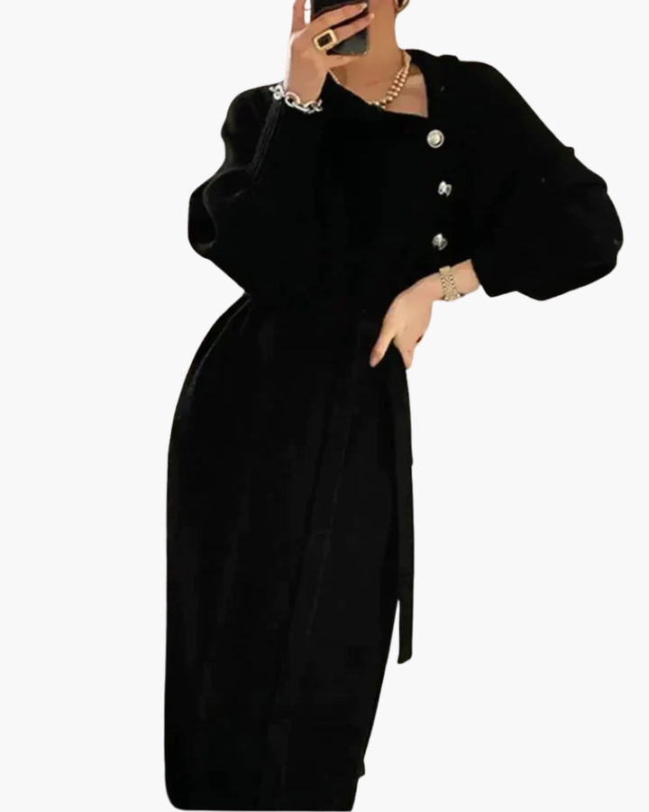 Women's belted turtleneck knit midi dress with long sleeves and button detail