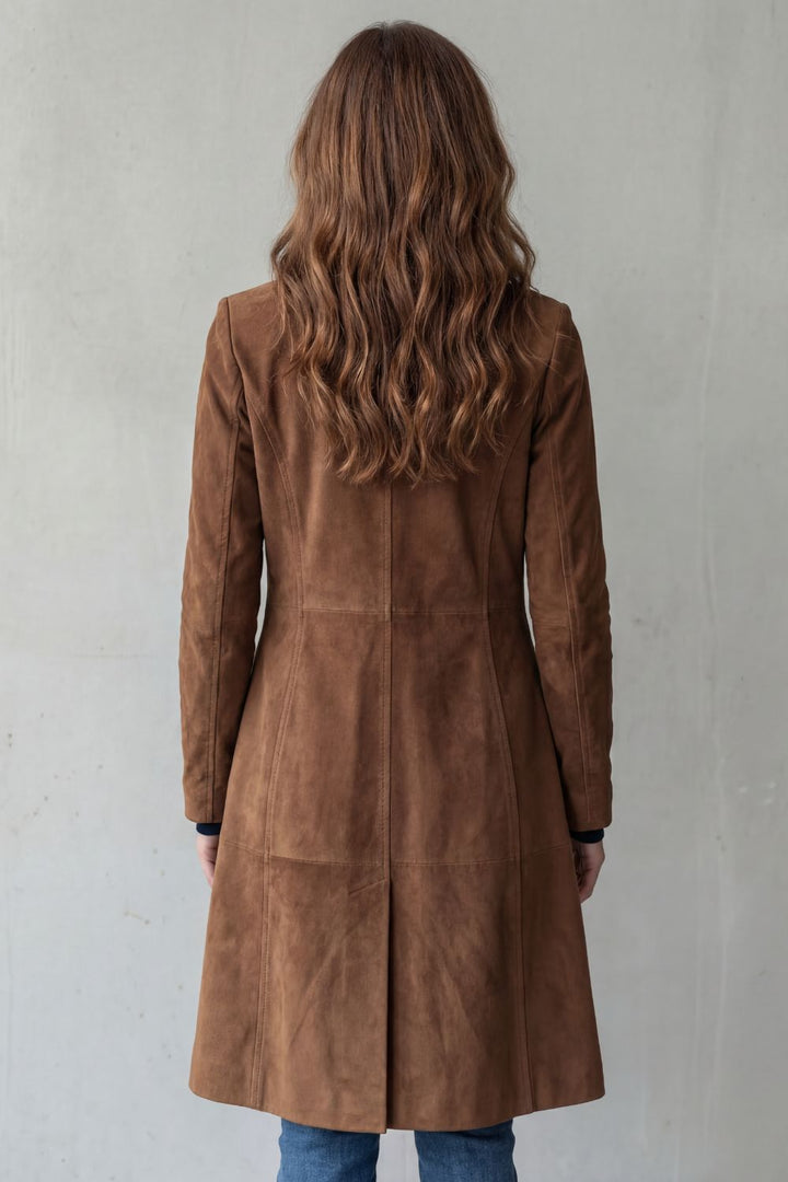 Women's longline coat with suede finish, notched lapels, buttons and front pockets