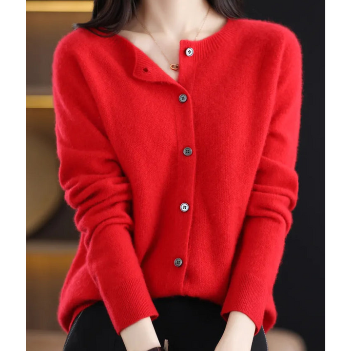 Women's plain crew neck button front cardigan with long sleeves