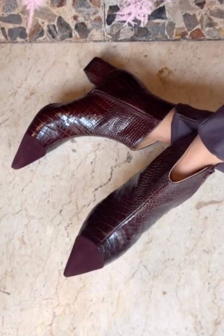 Women's burgundy crocodile print pointed toe ankle boots with low block heels