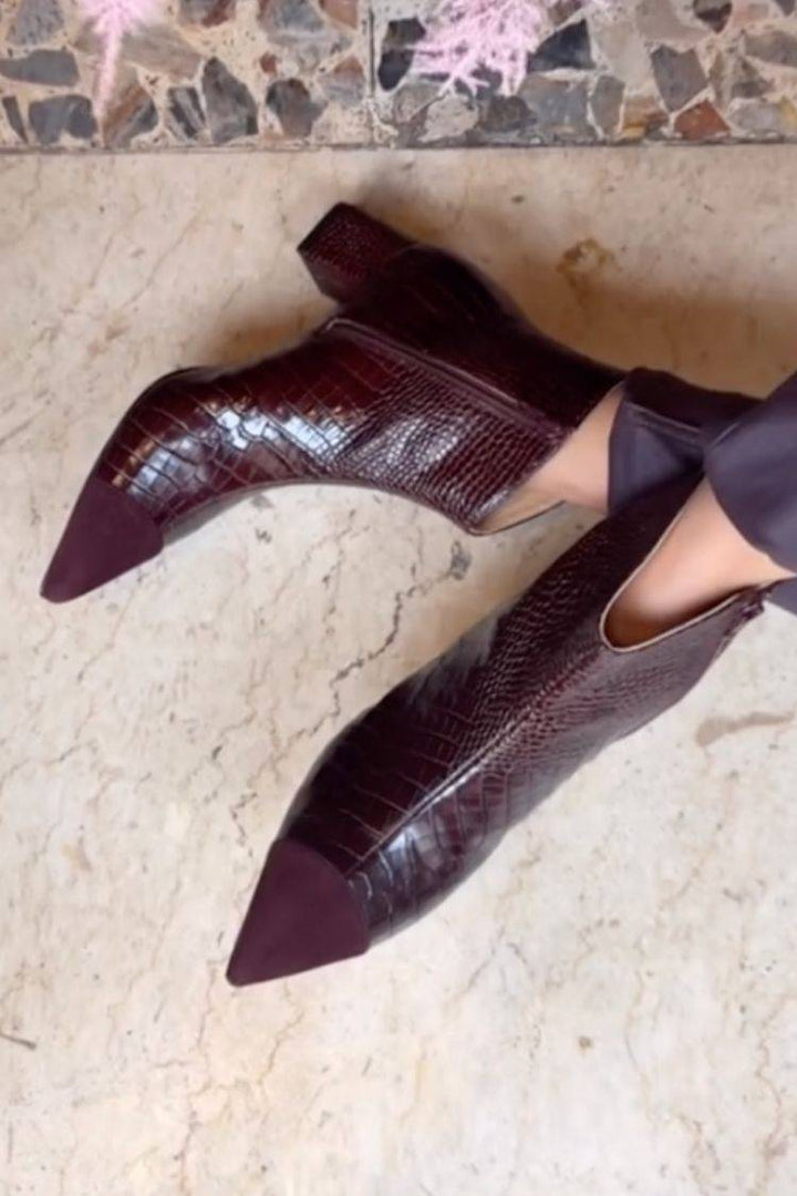 Women's burgundy crocodile print pointed toe ankle boots with low block heels