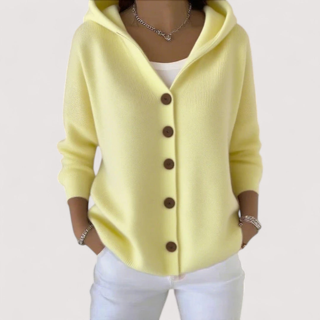 Women's hooded button cardigan with long sleeves and front pockets