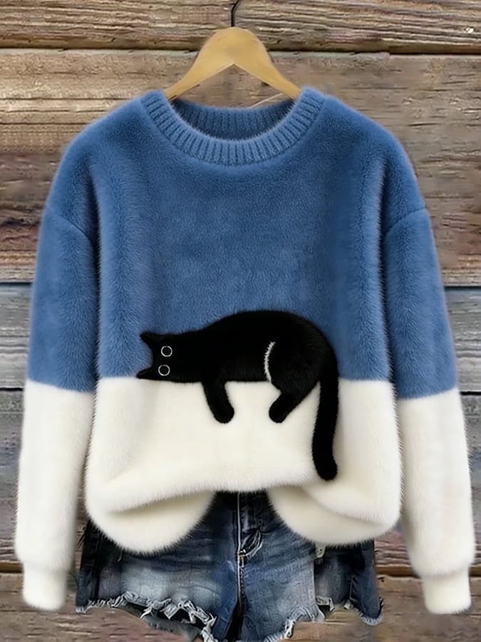 Women's long-sleeve crew neck sweater with a black cat graphic and contrast panels
