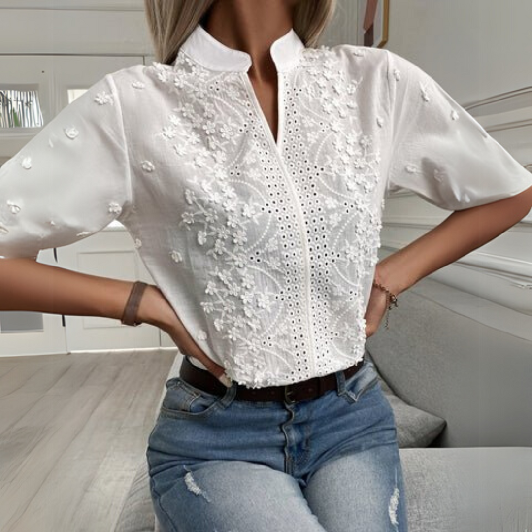 Women’s Blouse | Floral Embroidered Mandarin Collar