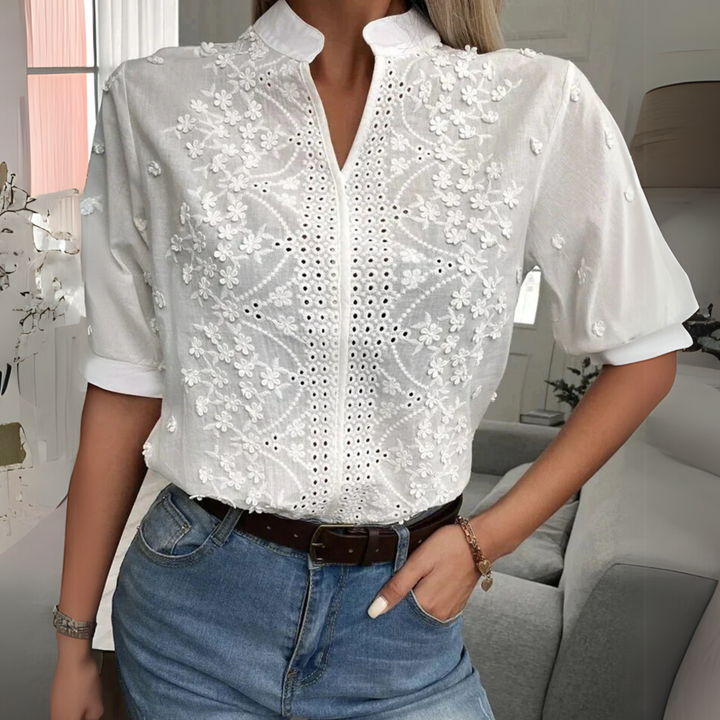Women’s Blouse | Floral Embroidered Mandarin Collar