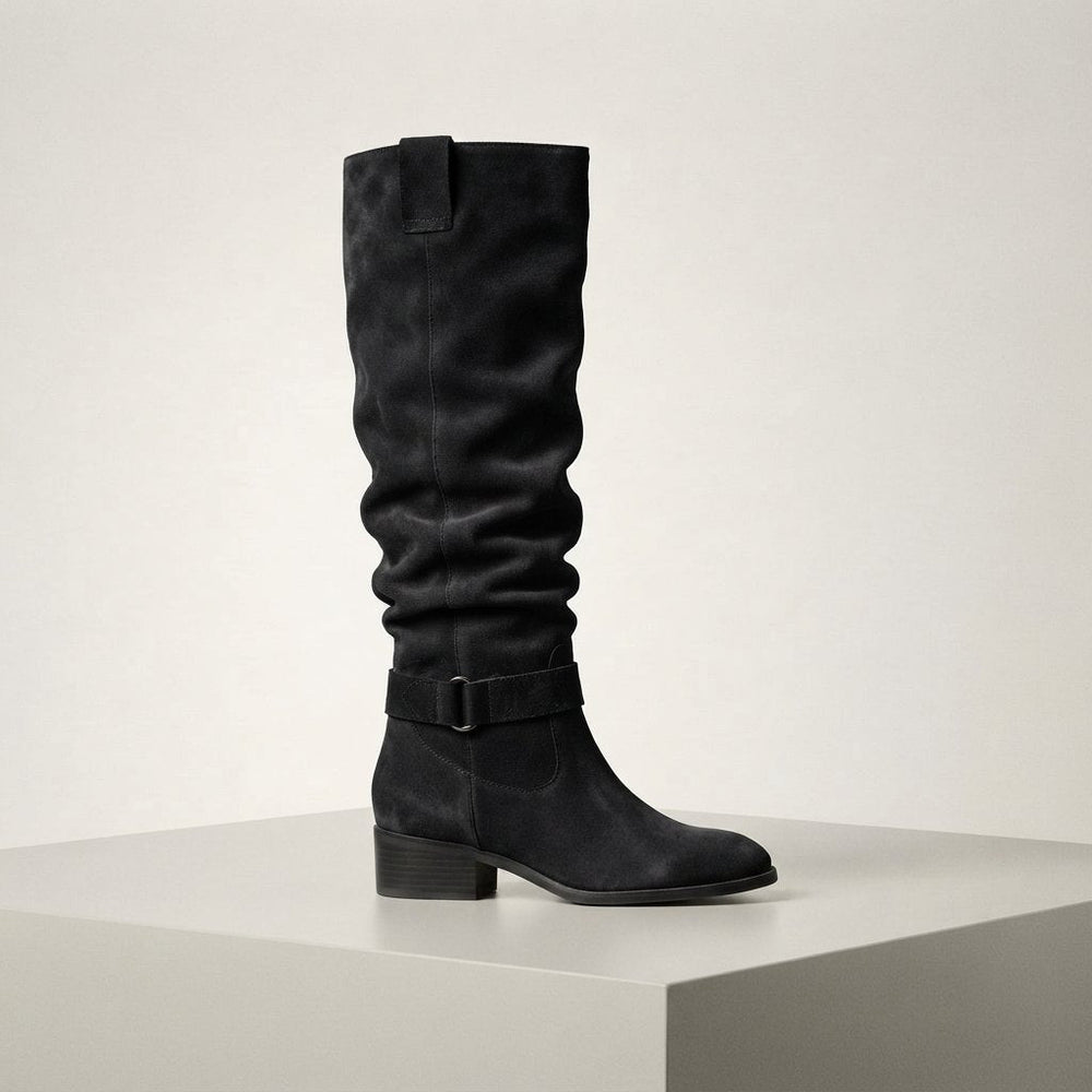 Women's slouch knee-high boots with low block heel and buckle strap