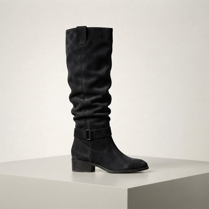 Women's slouch knee-high boots with low block heel and buckle strap