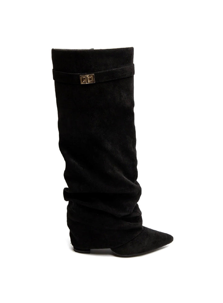 Black slouch knee-high boots with pointed toes, low heels and buckle straps