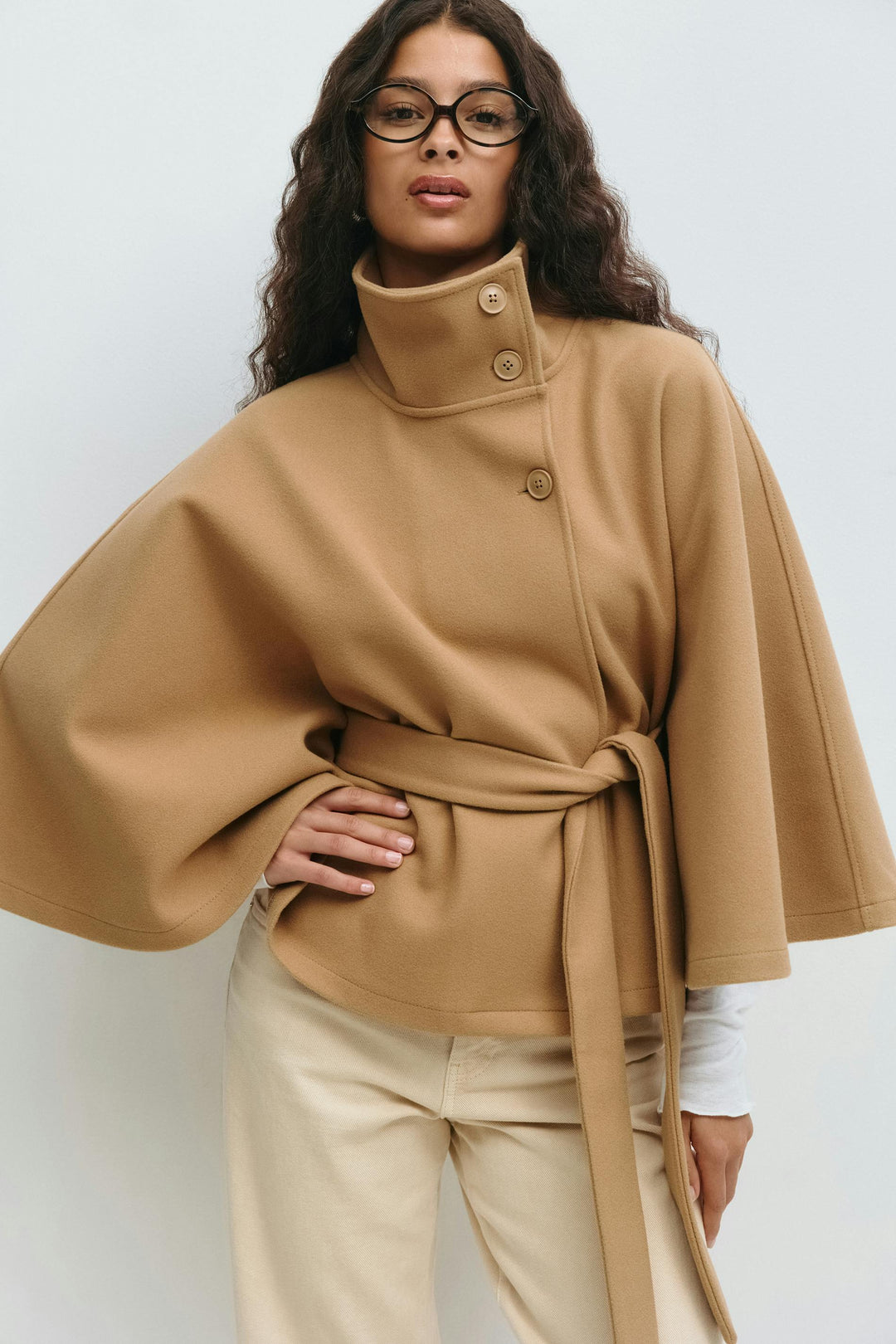 Women's belted cape coat with high collar and wide sleeves