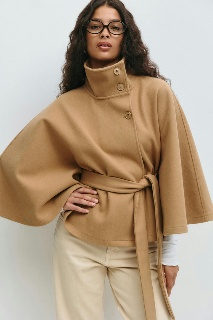 Women's belted cape coat with high collar and wide sleeves