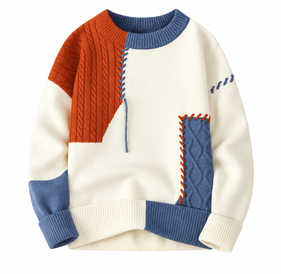 Women's patchwork cable knit sweater with crew neck and contrasting stitched panels
