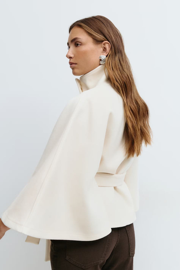 Women's belted cape coat with high collar and wide sleeves