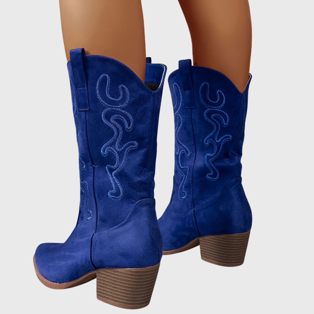 Women's western boots with embroidered mid-calf shafts, pointed toes and block heels