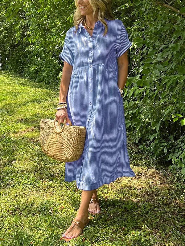 Casual Dress for Women | Short Sleeve Midi Button Closure