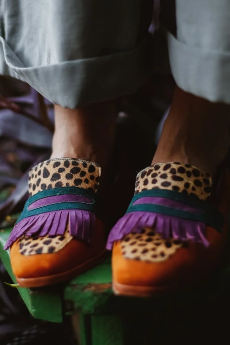 Brown leopard print women's loafers with square toes and purple fringe