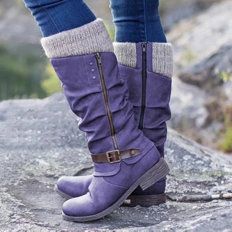 Women's slouch calf boots with knit cuffs, side zippers and buckle straps