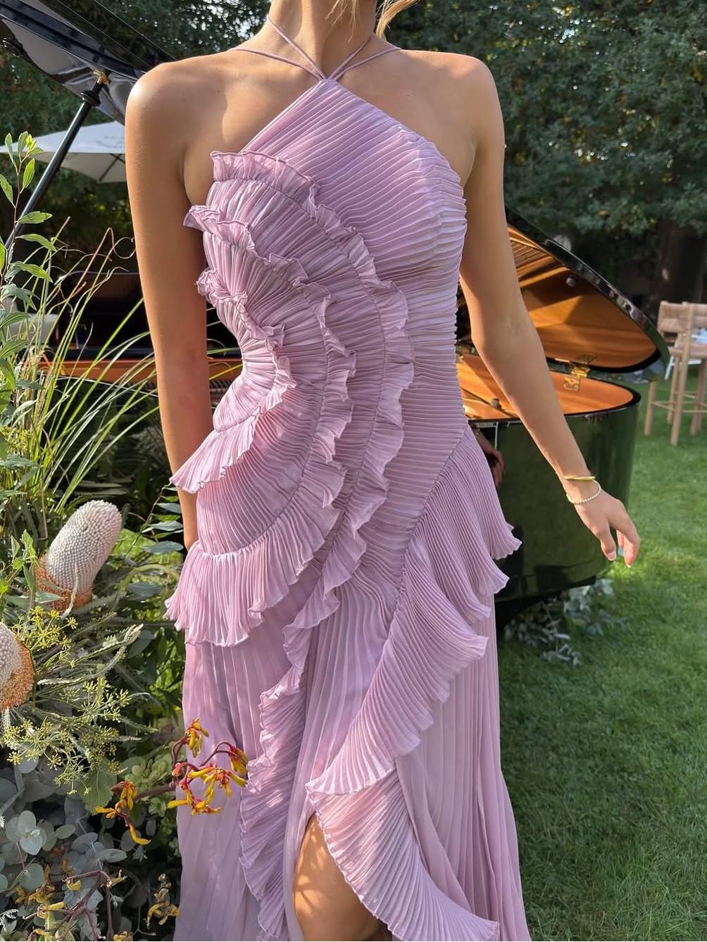 Women's Wedding Guest Maxi Dress | Sleeveless Pleat Asymmetric