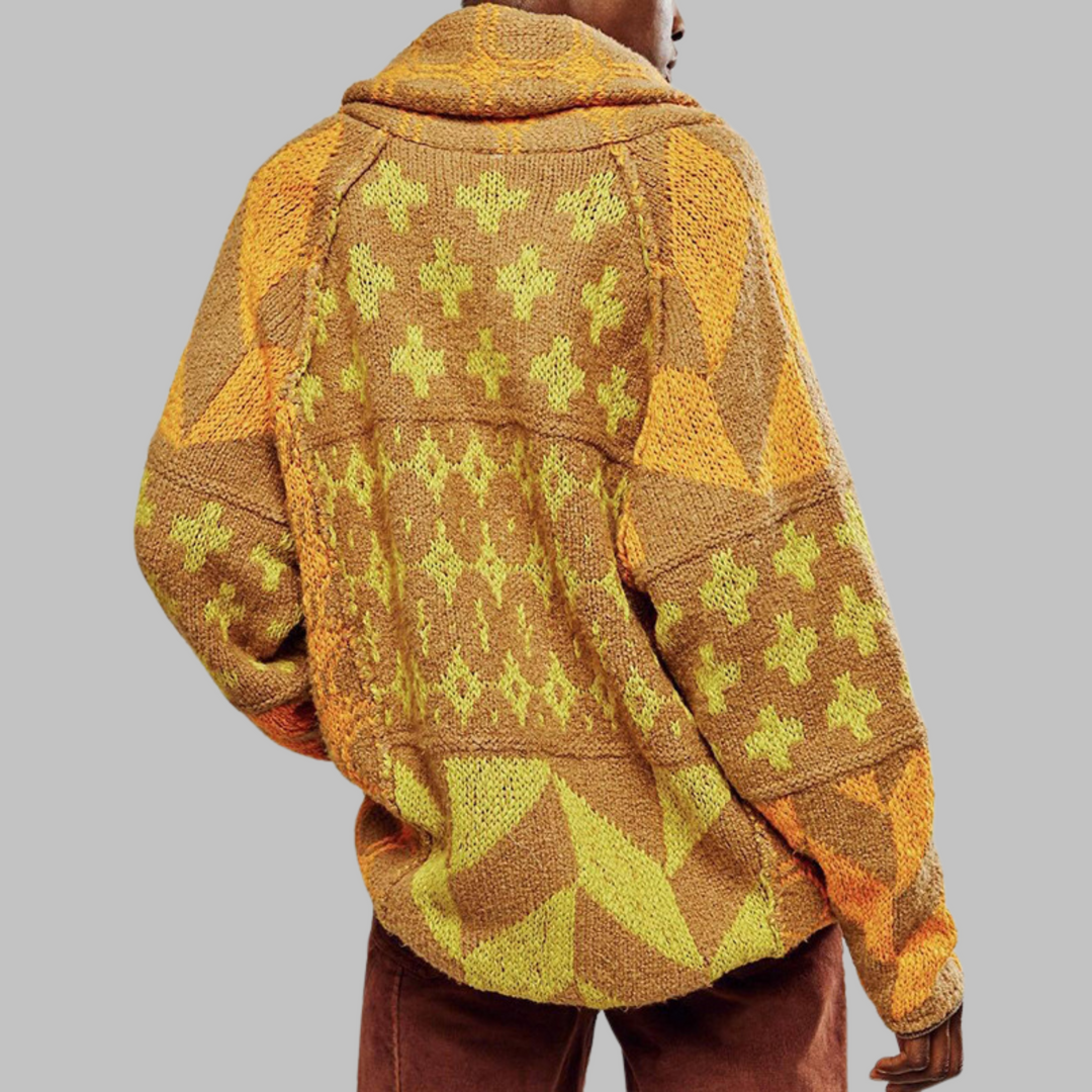 Women's oversized geometric button front cardigan with shawl collar and long sleeves