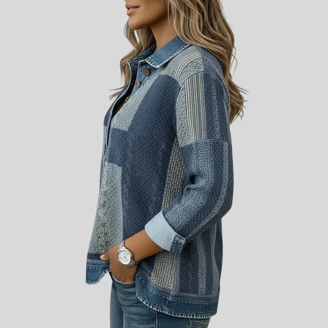 Women's patchwork collared sweatshirt with long sleeves and button placket