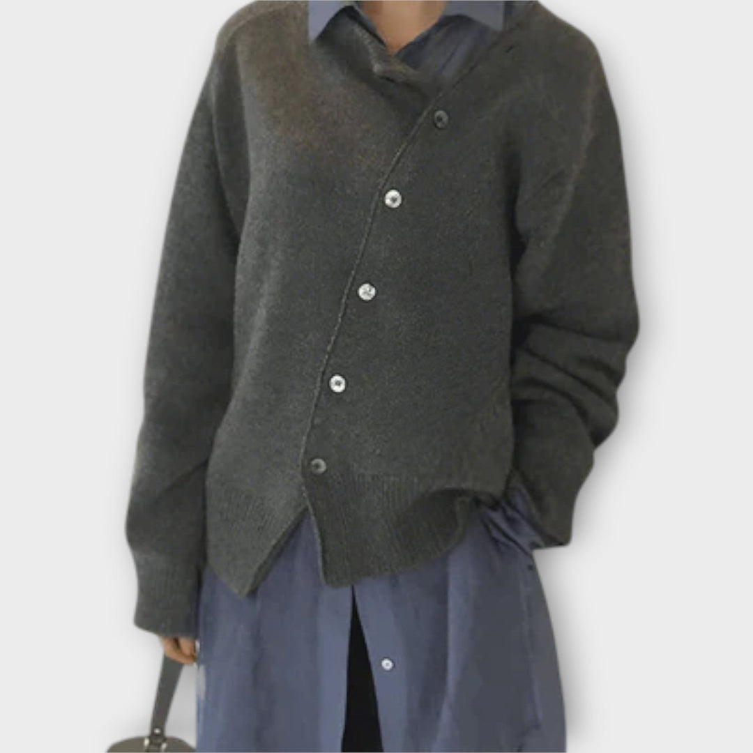 Women's knit cardigan with angled button front, crew neckline and long sleeves